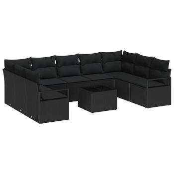 10-teiliges Garten Sofa Set mit Kissen Beige Poly Rattan, 2-sitziges Garten Sofa mit Kissen Schwarz Poly Rattan