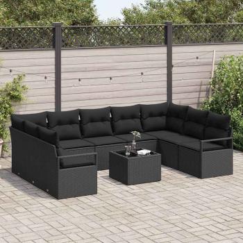 10-teiliges Garten Sofa Set mit Kissen Beige Poly Rattan, 2-sitziges Garten Sofa mit Kissen Schwarz Poly Rattan