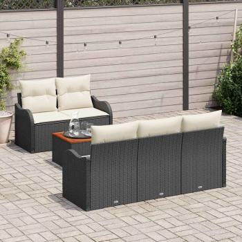 6-teiliges Garten Sofa Set mit Kissen Schwarz Poly Rattan Akazie, 2-Sitzer Garten Sofa mit Kissen Schwarz Poly Rattan