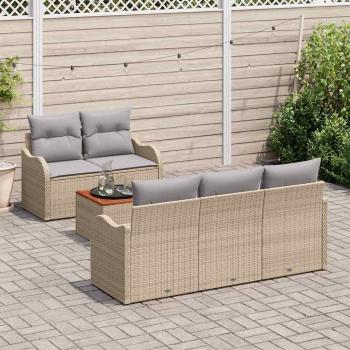 6-teiliges Garten Sofa Set mit Kissen Beige Poly Rattan Akazie, 2-Sitzer Garten Sofa mit Kissen Beige Poly Rattan
