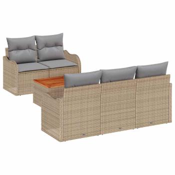 6-teiliges Garten Sofa Set mit Kissen Beige Poly Rattan Akazie, 2-Sitzer Garten Sofa mit Kissen Beige Poly Rattan