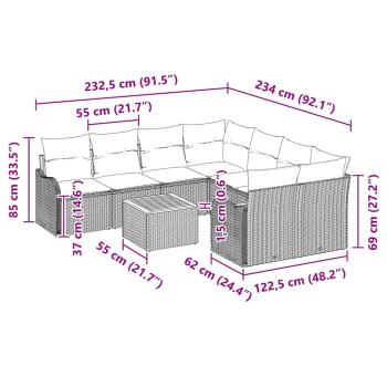 9-teilige Garten Sofa Set mit Kissen Grau Poly Rattan Akazie, 2-Sitzer Garten Sofa mit Kissen Grau Poly Rattan