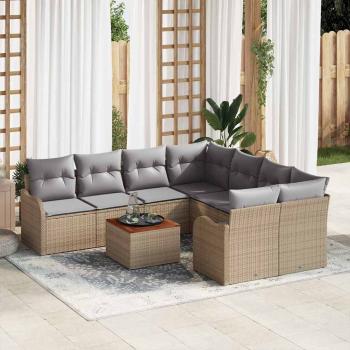 ARDEBO.de - 9-teiliges Garten Sofa Set mit Kissen Beige Poly Rattan Akazie, 2-Sitzer Garten Sofa mit Kissen Beige Poly Rattan