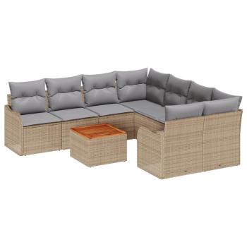 9-teiliges Garten Sofa Set mit Kissen Beige Poly Rattan Akazie, 2-Sitzer Garten Sofa mit Kissen Beige Poly Rattan