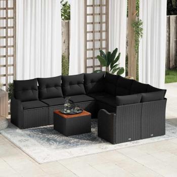 ARDEBO.de - 9-teilige Garten Sofa Set mit Kissen Schwarz Poly Rattan Akazie, 2-Sitzer Garten Sofa mit Kissen Schwarz Poly Rattan
