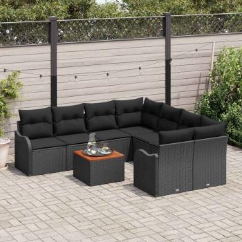 9-teilige Garten Sofa Set mit Kissen Schwarz Poly Rattan Akazie, 2-Sitzer Garten Sofa mit Kissen Schwarz Poly Rattan