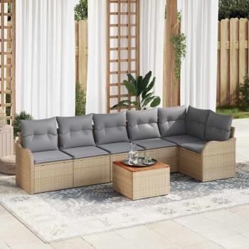 ARDEBO.de - 7-teiliges Garten Sofa Set mit Kissen Beige Poly Rattan Akazie, 2-Sitzer Garten Sofa mit Kissen Beige Poly Rattan