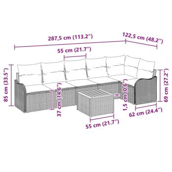 7-teiliges Garten Sofa Set mit Kissen Beige Poly Rattan Akazie, 2-Sitzer Garten Sofa mit Kissen Beige Poly Rattan