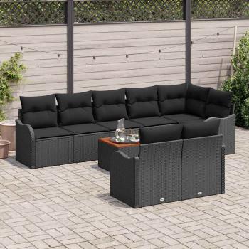9-teilige Garten Sofa Set mit Kissen Schwarz Poly Rattan Akazie, 2-Sitzer Garten Sofa mit Kissen Schwarz Poly Rattan