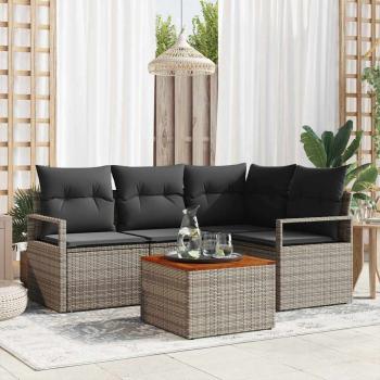 ARDEBO.de - 5-teiliges Garten Sofa Set mit Kissen Grau Poly Rattan Akazie, 2-Sitzer Garten Sofa mit Kissen Grau Poly Rattan