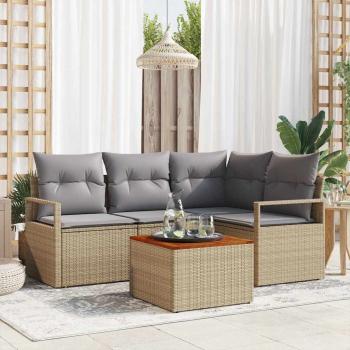 ARDEBO.de - 5-teiliges Garten Sofa Set mit Kissen Beige Poly Rattan Akazie, 2-Sitzer Garten Sofa mit Kissen Beige Poly Rattan