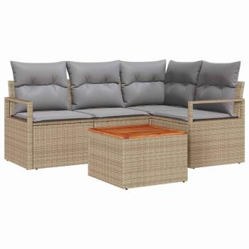 5-teiliges Garten Sofa Set mit Kissen Beige Poly Rattan Akazie, 2-Sitzer Garten Sofa mit Kissen Beige Poly Rattan