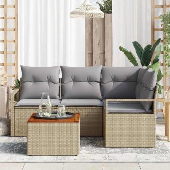 5-teiliges Garten Sofa Set mit Kissen Beige Poly Rattan Akazie, 2-Sitzer Garten Sofa mit Kissen Beige Poly Rattan