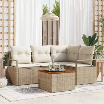 ARDEBO.de - 5-teiliges Garten Sofa Set mit Kissen Beige Poly Rattan Akazie, 2-Sitzer Garten Sofa mit Kissen Beige Poly Rattan