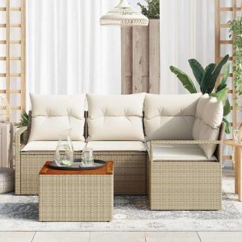 5-teiliges Garten Sofa Set mit Kissen Beige Poly Rattan Akazie, 2-Sitzer Garten Sofa mit Kissen Beige Poly Rattan