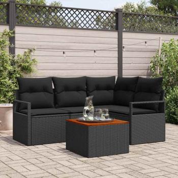ARDEBO.de - 5-teiliges Garten Sofa Set mit Kissen Schwarz Poly Rattan Akazie, 2-Sitzer Garten Sofa mit Kissen Schwarz Poly Rattan
