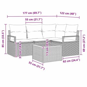 5-teiliges Garten Sofa Set mit Kissen Schwarz Poly Rattan Akazie, 2-Sitzer Garten Sofa mit Kissen Schwarz Poly Rattan
