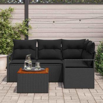 5-teiliges Garten Sofa Set mit Kissen Schwarz Poly Rattan Akazie, 2-Sitzer Garten Sofa mit Kissen Schwarz Poly Rattan