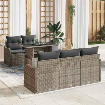 ARDEBO.de - 6-teiliges Garten-Sofa-Set mit Kissen grau Poly Rattan, 2-Sitzer Garten-Sofa mit Kissen grau Poly Rattan