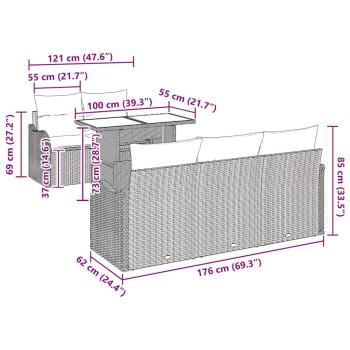 6-teiliges Garten-Sofa-Set mit Kissen grau Poly Rattan, 2-Sitzer Garten-Sofa mit Kissen grau Poly Rattan
