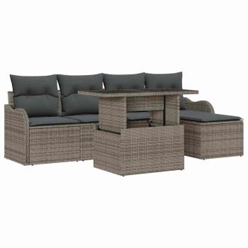 6-teilige Garten Sofa Set mit Kissen Grau Poly Rattan, 2-Sitzer Garten Sofa mit Kissen Grau Poly Rattan