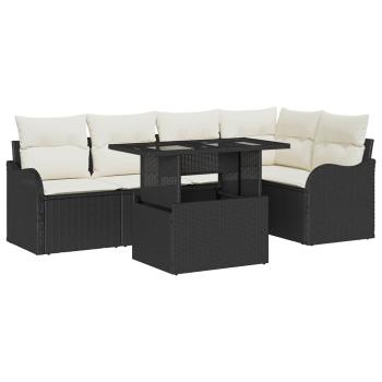 6-teiliges Garten Sofa Set mit Kissen Schwarzes Poly Rattan, 2-Sitzer Garten Sofa mit Kissen Schwarzes Poly Rattan