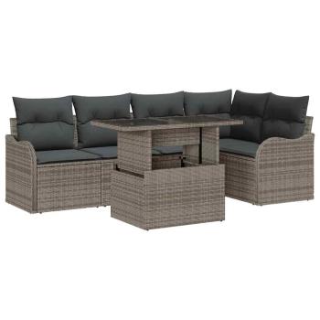 6-teiliges Garten Sofa Set mit Kissen Grau Poly Rattan, 2-Sitzer Garten Sofa mit Kissen Grau Poly Rattan