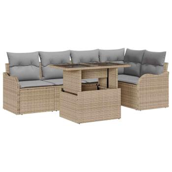 6-teiliges Garten Sofa Set mit Kissen Beige Poly Rattan, 2-Sitzer Garten Sofa mit Kissen Beige Poly Rattan