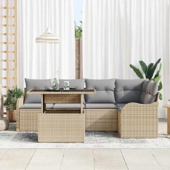 6-teiliges Garten Sofa Set mit Kissen Beige Poly Rattan, 2-Sitzer Garten Sofa mit Kissen Beige Poly Rattan