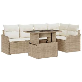 6-teiliges Garten-Sofa-Set mit Kissen aus beigem Poly-Rattan, 2-Sitzer Garten-Sofa mit Kissen aus beigem Poly-Rattan