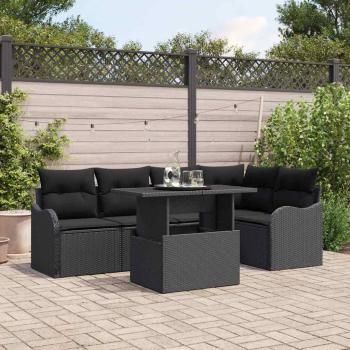 ARDEBO.de - 6-teiliges Garten Sofa Set mit Kissen Schwarz Poly Rattan, 2-Sitzer Garten Sofa mit Kissen Schwarz Poly Rattan