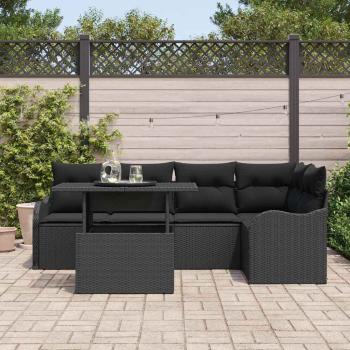 6-teiliges Garten Sofa Set mit Kissen Schwarz Poly Rattan, 2-Sitzer Garten Sofa mit Kissen Schwarz Poly Rattan