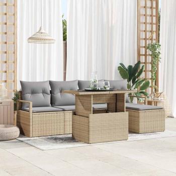ARDEBO.de - 6-teiliges Garten-Sofa-Set mit Kissen Beige Poly Rattan, 2-Sitzer Garten-Sofa mit Kissen Beige Poly Rattan