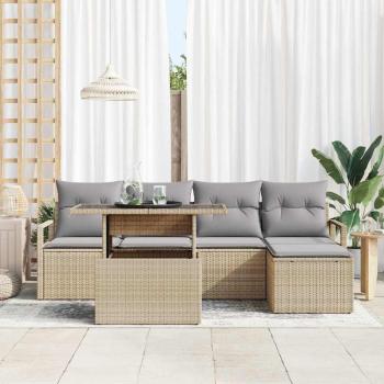 6-teiliges Garten-Sofa-Set mit Kissen Beige Poly Rattan, 2-Sitzer Garten-Sofa mit Kissen Beige Poly Rattan