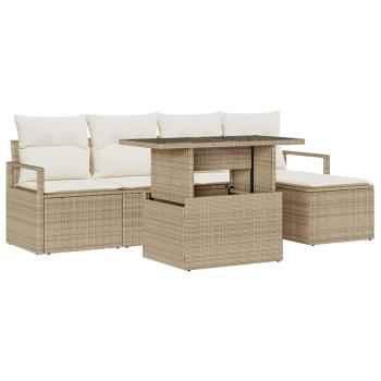 6-teiliges Garten-Sofa-Set mit Kissen Beige Poly Rattan, 2-Sitzer Garten-Sofa mit Kissen Beige Poly Rattan