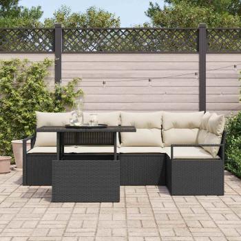 6-teiliges Garten Sofa Set mit Kissen Schwarz Poly Rattan, 2-Sitzer Garten Sofa mit Kissen Schwarz Poly Rattan