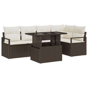 6-teiliges Garten Sofa Set mit Kissen Braun Poly Rattan, 2-Sitzer Garten Sofa mit Kissen Braun Poly Rattan