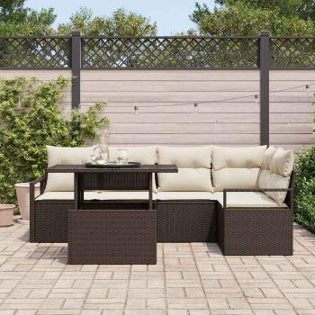 6-teiliges Garten Sofa Set mit Kissen Braun Poly Rattan, 2-Sitzer Garten Sofa mit Kissen Braun Poly Rattan