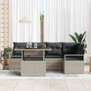 6-teiliges Garten Sofa Set mit Kissen Hellgrau Poly Rattan, 2-Sitzer Garten Sofa mit Kissen Grau Poly Rattan