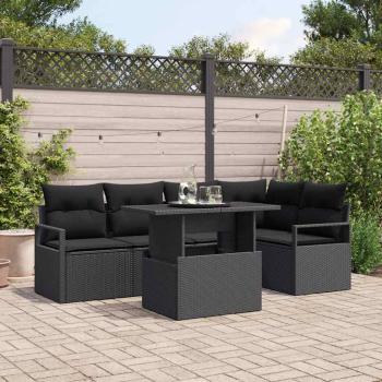 ARDEBO.de - 6-teiliges Garten-Sofa-Set mit Kissen Schwarz Poly-Rattan, 2-Sitzer Garten-Sofa mit Kissen Schwarz Poly-Rattan
