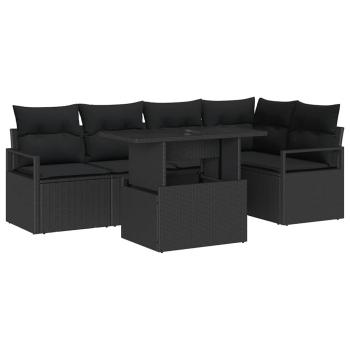 6-teiliges Garten-Sofa-Set mit Kissen Schwarz Poly-Rattan, 2-Sitzer Garten-Sofa mit Kissen Schwarz Poly-Rattan