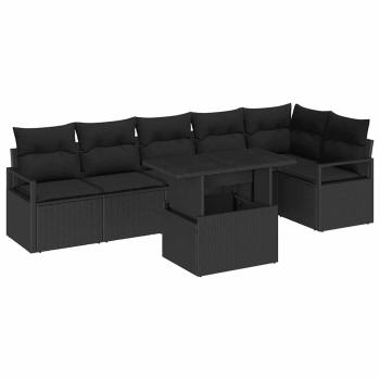 7-teilige Garten Sofa Set mit Kissen Schwarz Poly Rattan, 2-Sitzer Garten Sofa mit Kissen Schwarz Poly Rattan
