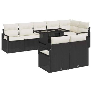 9-teiliges Garten-Sofa-Set mit Kissen, schwarzes Poly-Rattan, 2-Sitzer Garten-Sofa mit Kissen, schwarzes Poly-Rattan