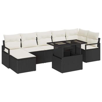 8-teiliges Garten Sofa Set mit Kissen in Schwarz, Poly Rattan, 2-Sitzer Garten Sofa mit Kissen in Schwarz, Poly Rattan