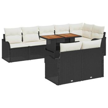9-teiliges Garten-Sofa mit Kissen Schwarz Poly-Rattan Akazie, 2-Sitzer Garten-Sofa mit Kissen Schwarz Poly-Rattan