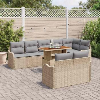 9-teiliges Garten-Sofa-Set mit Kissen Beige Poly Rattan Akazie, 2-Sitzer Garten-Sofa mit Kissen Beige Poly Rattan