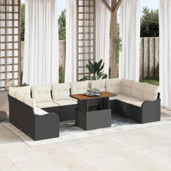 ARDEBO.de - 11-teiliges Garten-Sofa-Set mit Kissen Schwarz Poly-Rattan Akazie, 2-Sitzer Garten-Sofa mit Kissen Schwarz Poly-Rattan