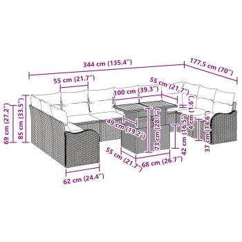 11-teiliges Garten-Sofa-Set mit Kissen Schwarz Poly-Rattan Akazie, 2-Sitzer Garten-Sofa mit Kissen Schwarz Poly-Rattan