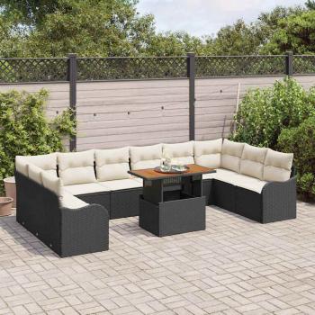 11-teiliges Garten-Sofa-Set mit Kissen Schwarz Poly-Rattan Akazie, 2-Sitzer Garten-Sofa mit Kissen Schwarz Poly-Rattan