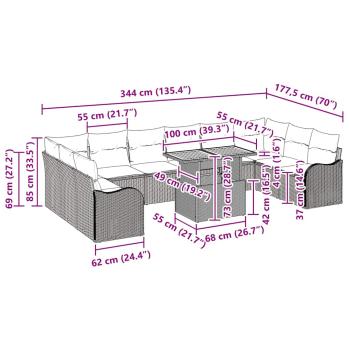 11-teiliges Garten Sofa Set mit Kissen Beige Poly Rattan Akazie, 2-Sitzer Garten Sofa mit Kissen Beige Poly Rattan